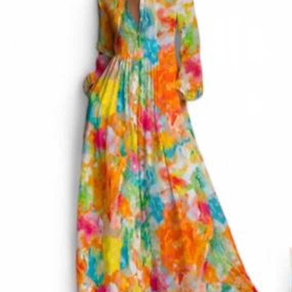 UOOZEE Printed Pocketed Pleated Buttoned Long Sleeves A-Line Shirt Dress